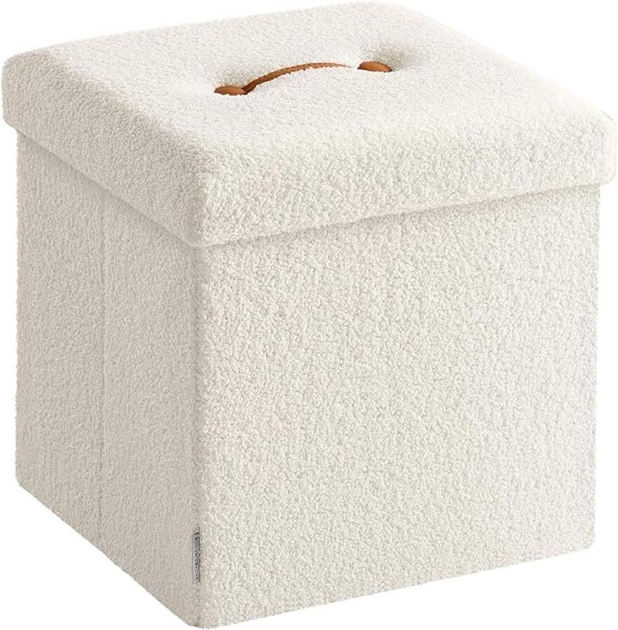 Opvouwbare kruk met opbergruimte – 38x38x38 cm voetenbank zitbank of bedbank crèmewit belastbaar tot 300 kg (LSF095W01V1)