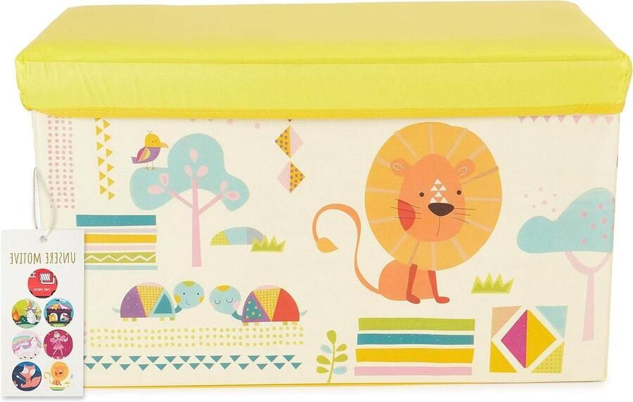 Opvouwbare kruk met zitplaats en bekleding voor kinderen Gele kinderdierentuin opbergdoos met deksel 66 l opbergruimte Belastbaar tot 80 kg Voor jongens en meisjes