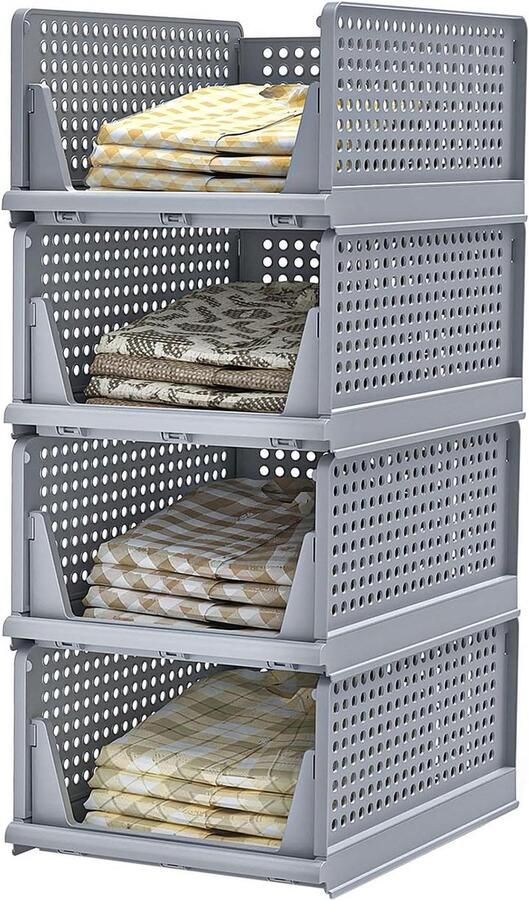 Opvouwbare kledingkast-organizer ladebox Set van 4 Plastic scheidingswand rek Grijs 33 x 43 x 185 cm kledingkasten slaapkamer