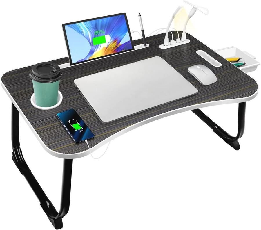 Opvouwbare Laptoptafel met USB-Laders Lade en Bekerhouder Ideaal voor Bed Bank en Vloer (60 x 40 cm Zwart)