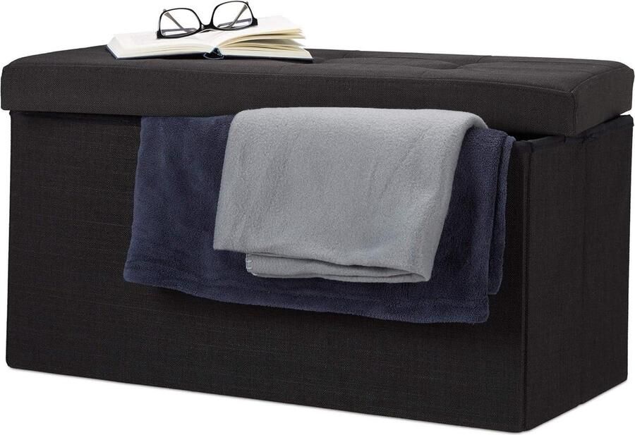 Dekenkist opbergbank linnen 300 kg opvouwbaar 38 x 76 x 38 cm 85 l opbergruimte zwart Dekenkist