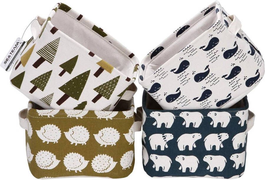 Opvouwbare mini vierkante grijze en witte themamanden opbergmanden van 100% linnen en katoen organisatoren voor planken en bureaus set van 4