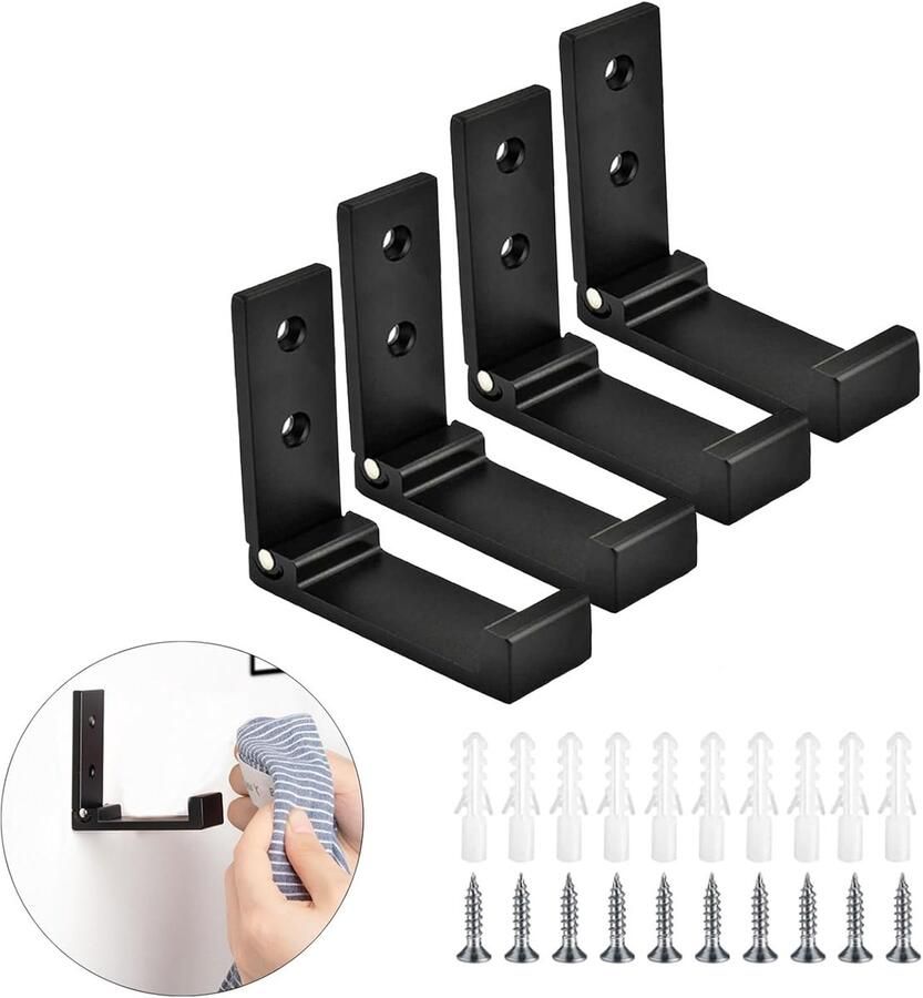 Opvouwbare Muurhaak Kapstokken 4 Stuks Wandmontage 90° Opvouwbaar Geschikt voor Keuken Badkamer Kantoor Zwart