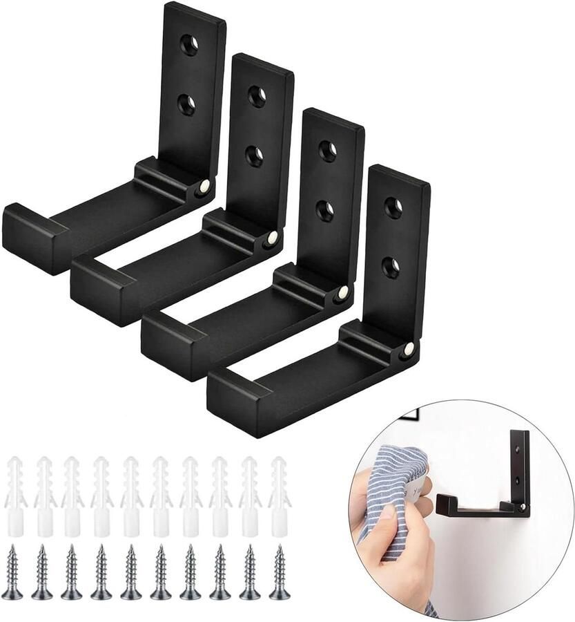 Opvouwbare Muurhaak Kapstok 4 Stuks Wandmontage 90° Opvouwbaar Geschikt voor Keuken Badkamer Kantoor Zwart