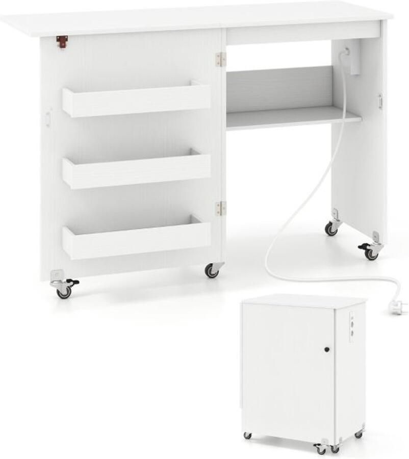 Opvouwbare Naaitafel met Oplaadstation Handwerktrolley met Plank Lades en Witte Opbergkast