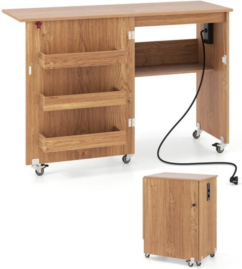 Opvouwbare Naaitafel met Oplaadstation Knutselkar met Plank Lades en Natuurlijke Opbergkast