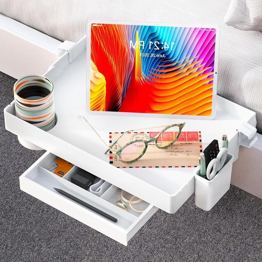 Opvouwbare nachtkastplank stapelbed clip opslag met lade bekerhouder wit