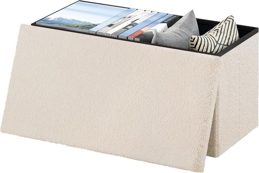 Opvouwbare opbergbank met deksel en pluche fleece bekleding 80 liter capaciteit belastbaar tot 300 kg. Afmetingen: 76 x 37 x 38 cm. beige. Geschikt als zitting of voetensteun