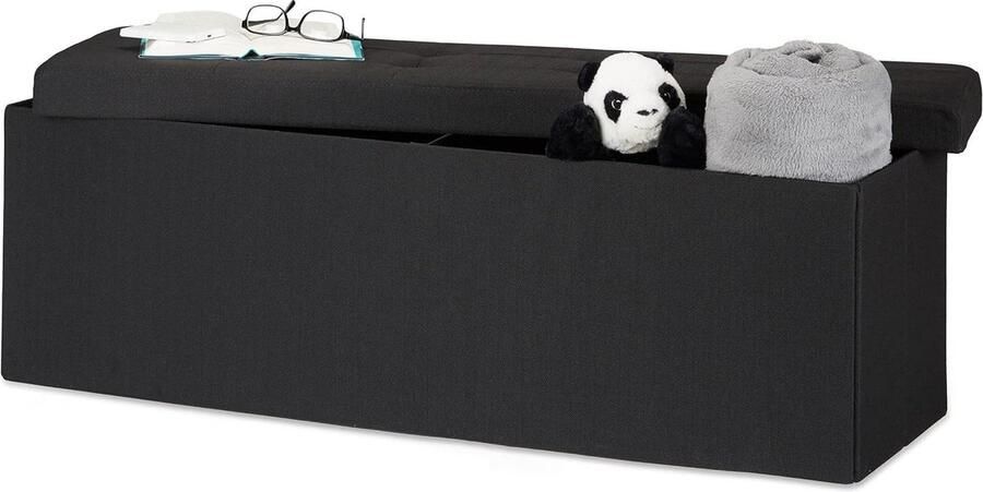 Opvouwbare opbergbank XXL linnen HBD 38 x 114 x 38 cm voetenbankje-zitbank met opslagruimte zwarte kleur moderne uitstraling