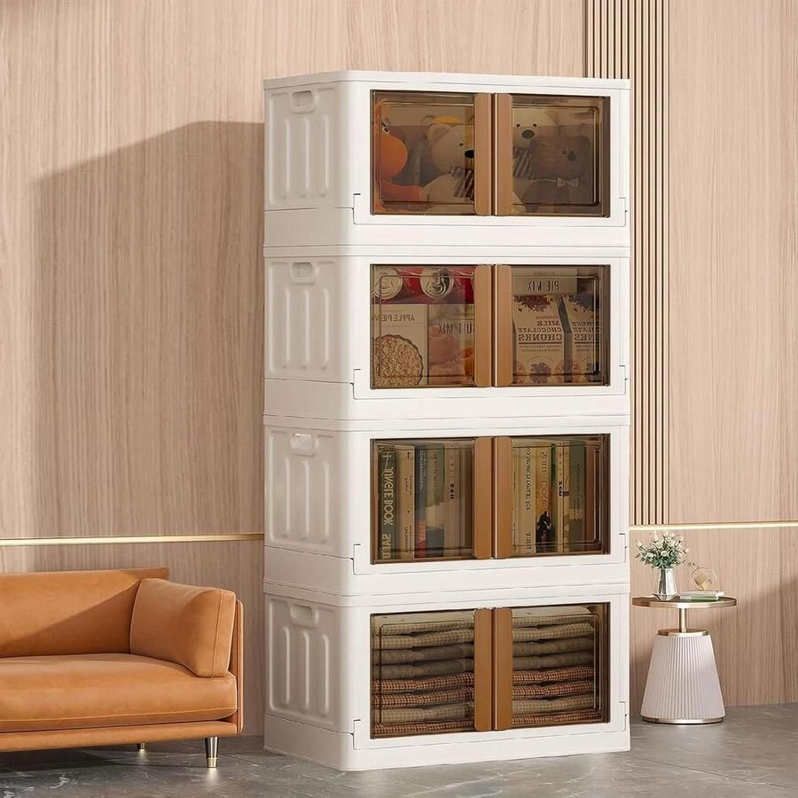 Opvouwbare opbergdozen met deksel 72 l stapelbare dozen kledingkast opbergdozen kunststof box plastic box stapelkisten met wielen beige