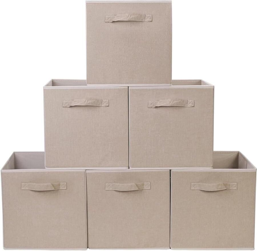 Opvouwbare opbergdozen opbergkubussen set van 6 beige stoffen 30 x 30 x 30 cm