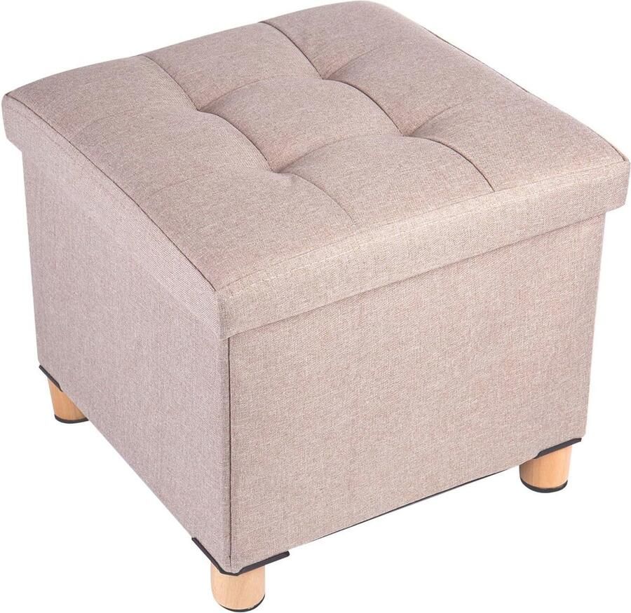 Opvouwbare Opbergpoef met Houten Poten Kaki Kleur Multifunctionele Voetenbank met Elastische Sponsvulling 38 x 38 x 38 cm