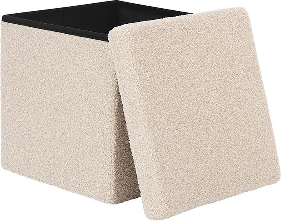 Opvouwbare opbergpoef met pluche bekleding 38 x 38 x 37 cm. Te gebruiken als kruk bank voetensteun of opbergruimte voor speelgoed en boeken. beige. Geschikt voor slaapkamer entree of woonkamer