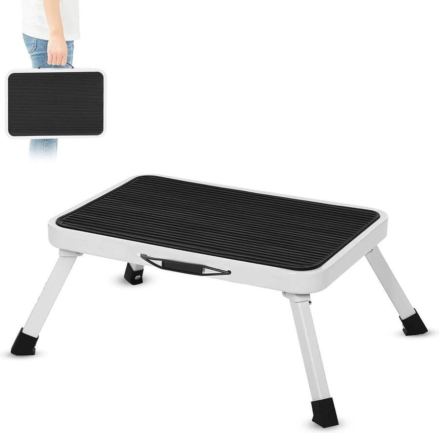 Opvouwbare antislip opstapkruk van staal draagkracht 150 kg gemakkelijk te transporteren 46 x 32 x 17 cm wit en zwart