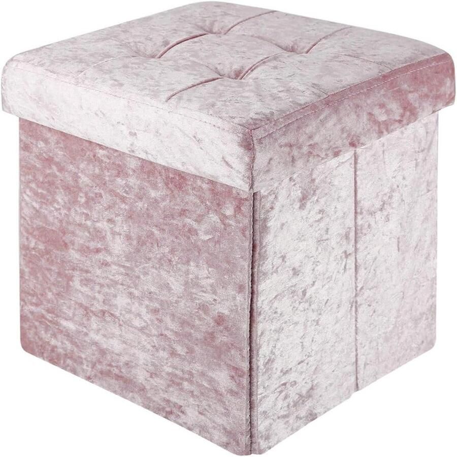 Opvouwbare poef 30x30x30 cm fluweelroze Zitkubus met deksel en opbergruimte Voetensteun kist poef fluweel