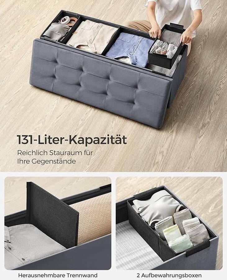 Opvouwbare poef met opbergruimte – 38 x 110 x 38 cm voetenbank en zitbank belastbaar tot 300 kg leigrijs (LSF277G01)