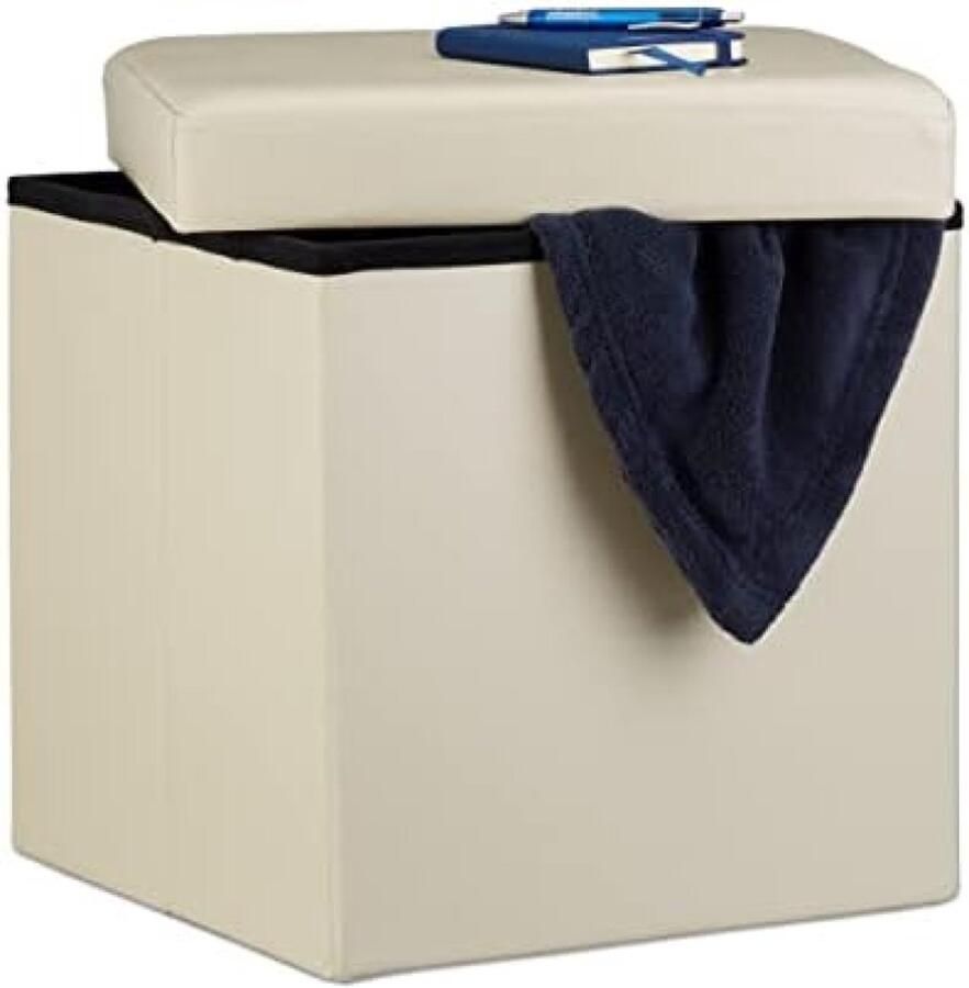 Opvouwbare poef met opbergruimte 38 x 38 x 38 cm vierkant met deksel stevig voetenbank zitkist creme