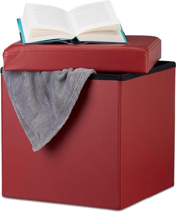 Opvouwbare poef met opbergruimte donkerrood stevig 38 x 38 x 38 cm vierkant deksel