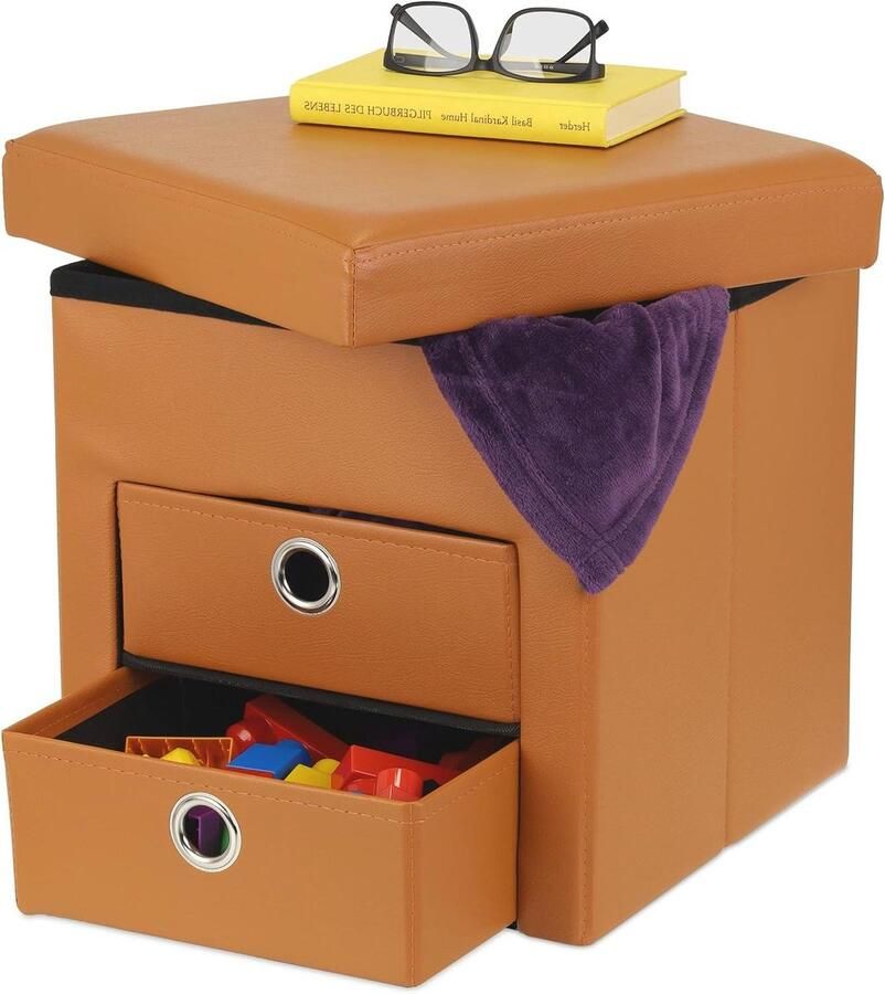Opvouwbare poef met opbergruimte en 2 lades modern design bruin HBD: 38x37 5x37 5 cm Kruk met opbergruimte