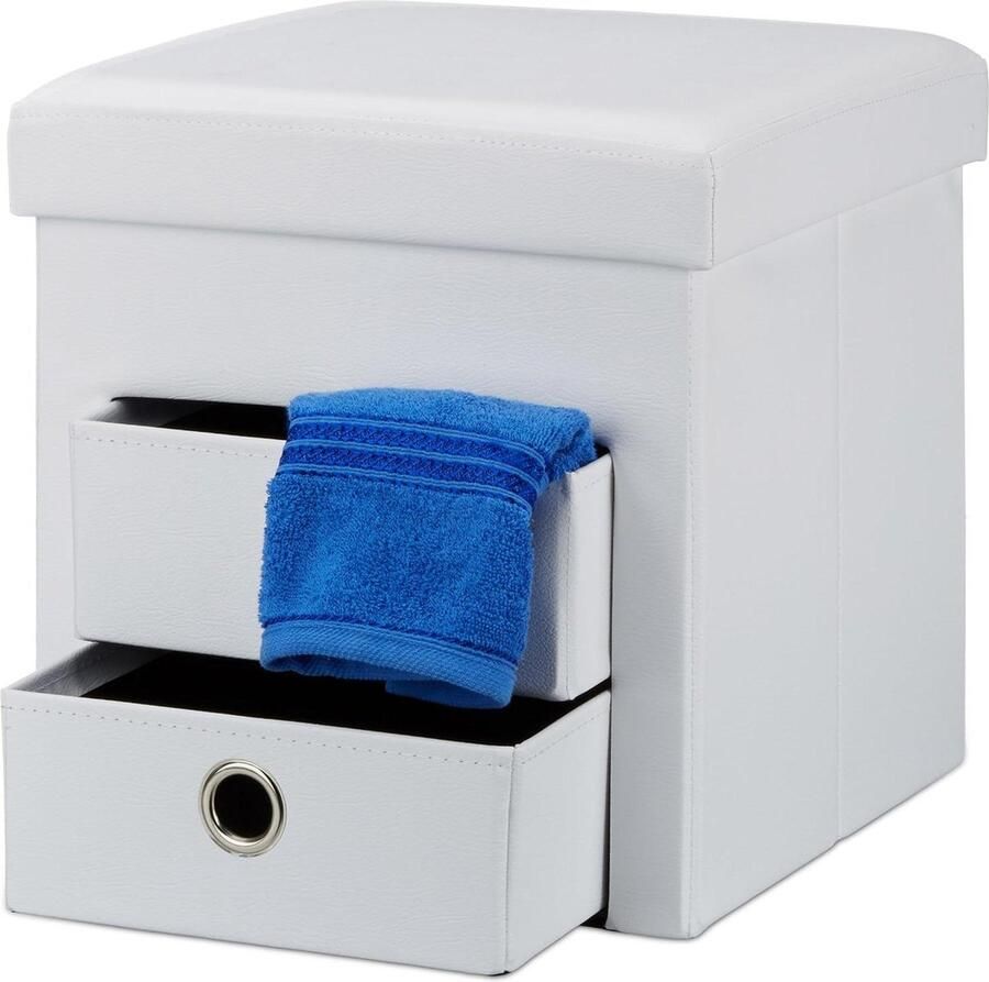 Opvouwbare poef met opbergruimte en 2 uitneembare vakken lades kunstleer HBD 38x38x38 cm wit