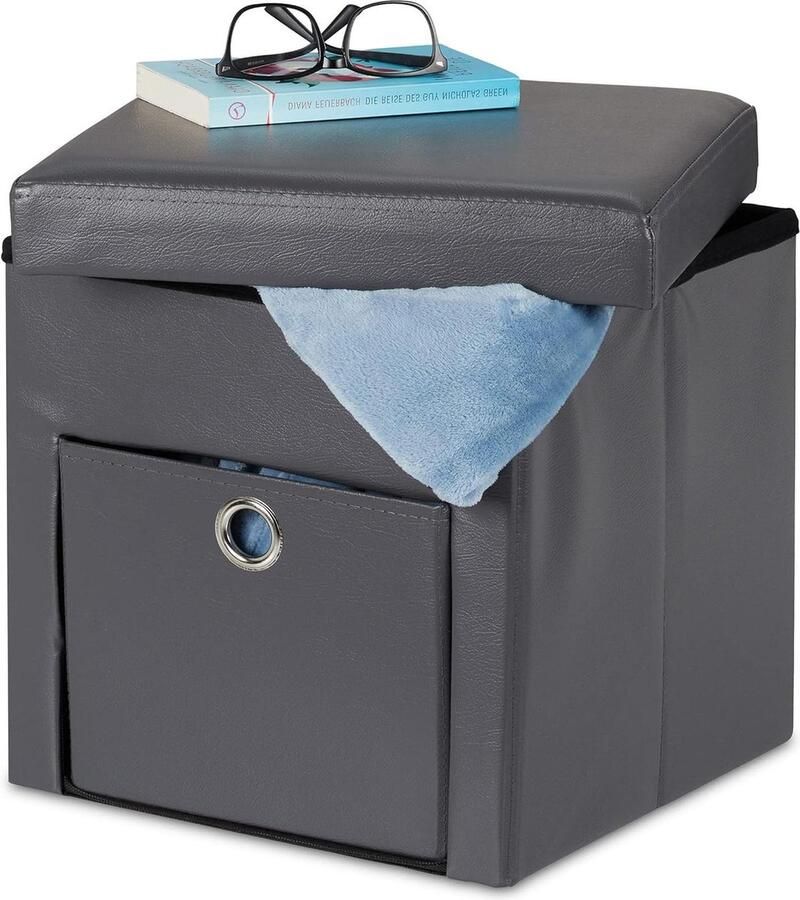 Opvouwbare poef met opbergruimte en lade grijs 38x37x37 cm