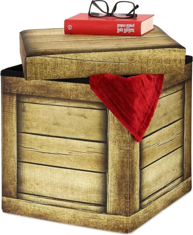 Opvouwbare poef met opbergruimte gepolsterd houten latten design HBD: 38x37x37 cm bruin