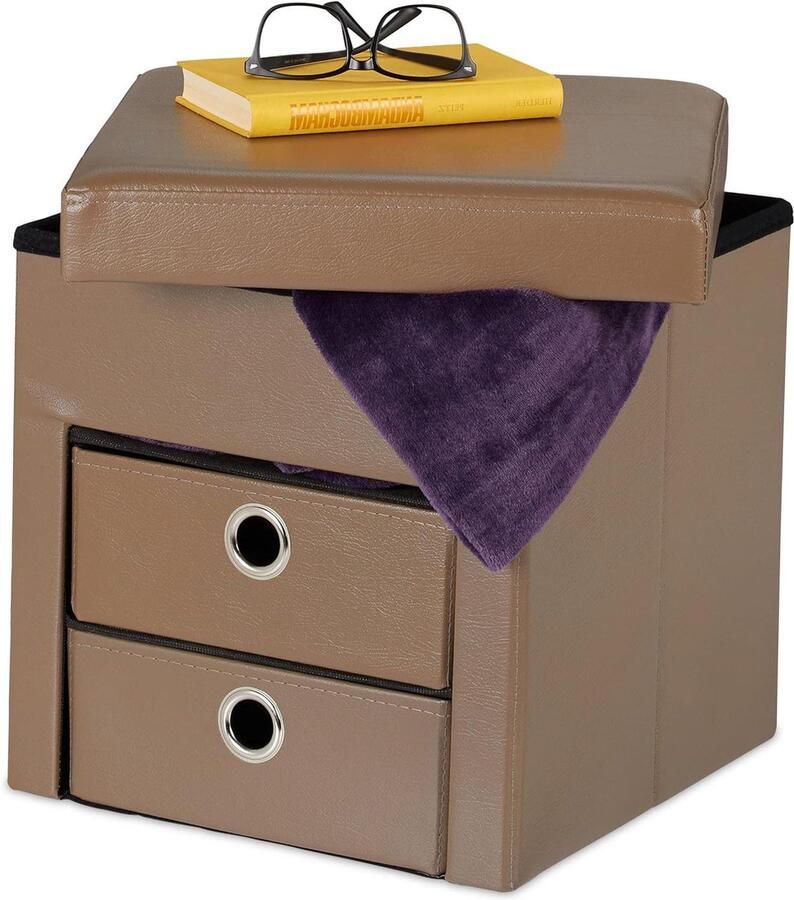 Opvouwbare Poef met Opbergruimte Hocker met Lades 1 stuk Taupe Kunstleer 38 x 38 x 38 cm