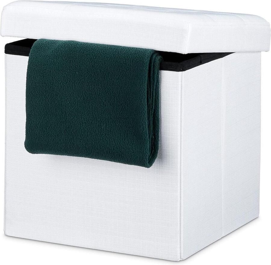 Opvouwbare Poef Met Opbergruimte Linnen 38 x 38 x 38 cm Vierkant Afneembare Deksel Voetenbank Wit