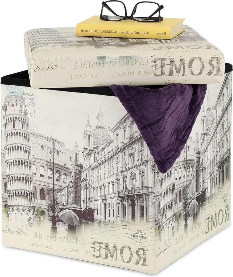 Opvouwbare poef met opbergruimte Rome design Gepolsterd Wit 38x37.5x37.5 cm