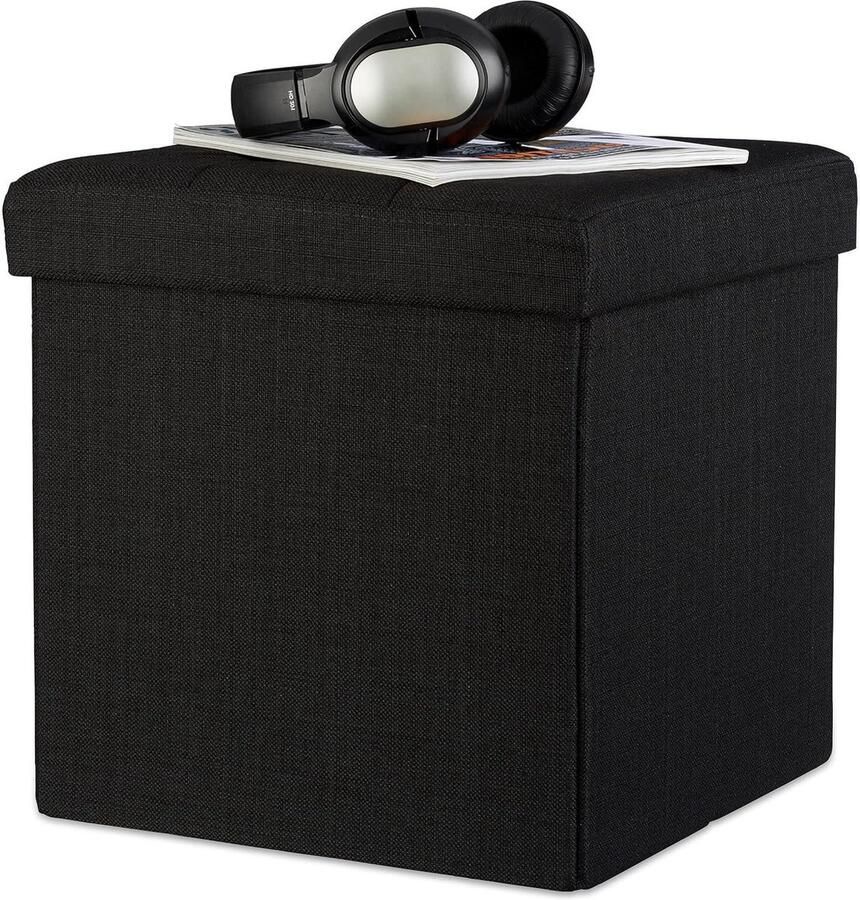 Opvouwbare poef met opbergruimte zwart linnen 38 x 38 x 38 cm