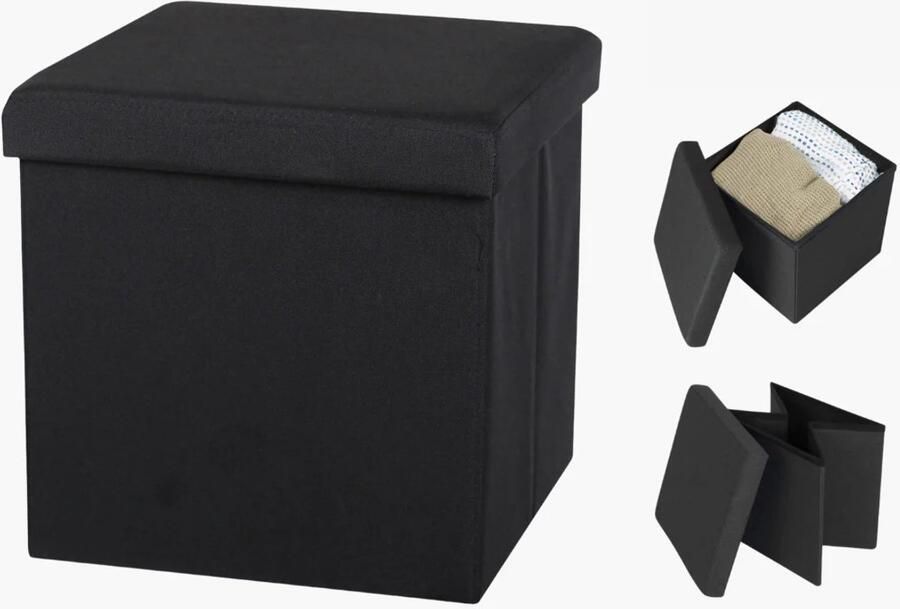 Opvouwbare Poef met Opbergruimte – Zwart – 37 5 × 37 5 × 37 5 cm – Poef & Zitkubus – Belastbaar tot 100 kg