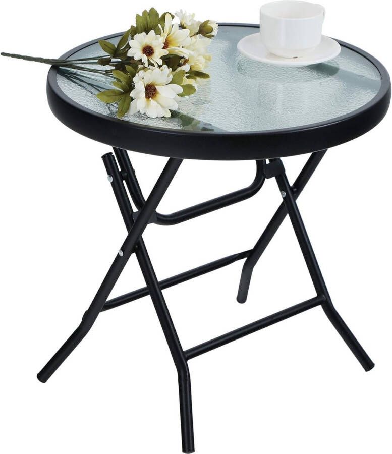 Opvouwbare ronde bijzettafel van glas en metaal voor in de tuin salontafel kleine balkontafel. Weerbestendig en gemakkelijk te onderhouden voor op het balkon in de tuin op het terras of in de woonkamer