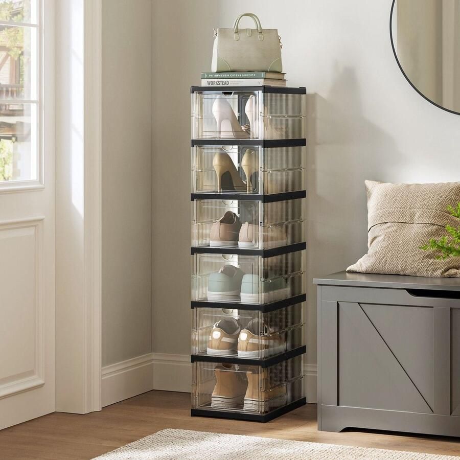 Rootz Living Rootz Opvouwbare schoenenkast met 6 dozen Schoenenorganizer In transparante inkt Zwart PP en PS kunststof 35 5 cm x 25 5 cm x 105 cm