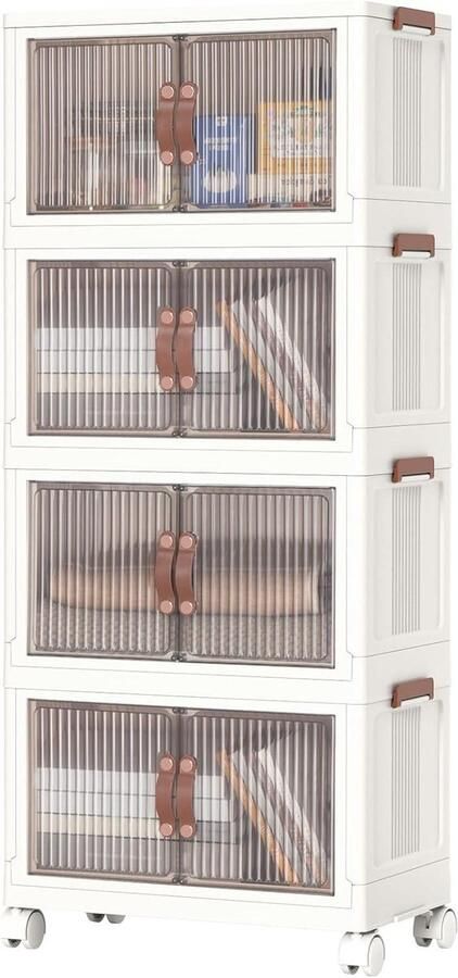 Opvouwbare stapelbare Plastic opbergbakken met deksels 4 lagen met deuren en wielen inklapbare opbergkast Wit WG442CW01