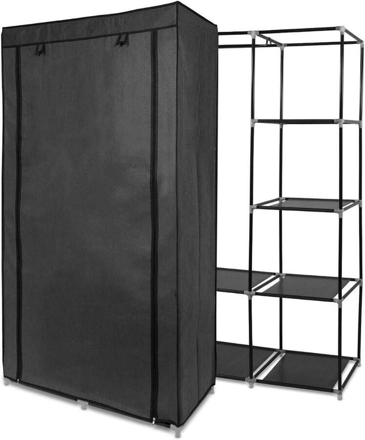 Opvouwbare stoffen kledingkast met 5 planken en kledingstang Multifunctionele garderobe 88 x 170 x 45cm kledingkast