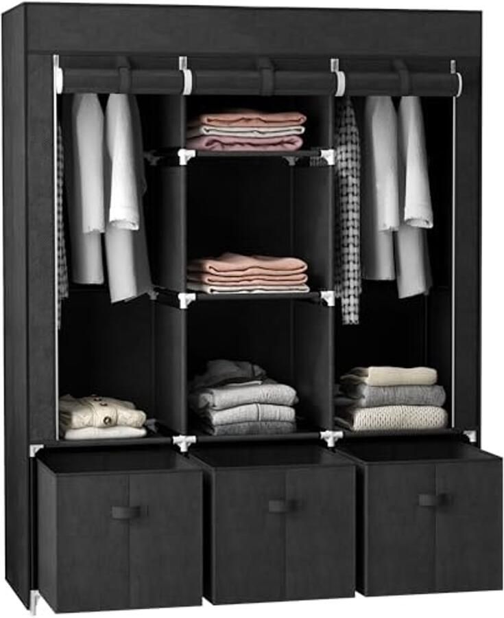 Opvouwbare Stoffen Kledingkast met Hangstangen en Lades Ruimtebesparende Garderobe voor Slaapkamer Zwart 125 x 43 x 162 5 cm