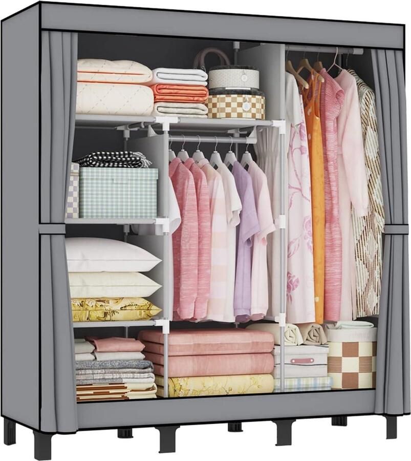 Opvouwbare Stoffen Kledingkast met Stevige Kledingstangen en Planken Grijs 172 x 130 x 45 cm Slaapkameropslag kledingkast