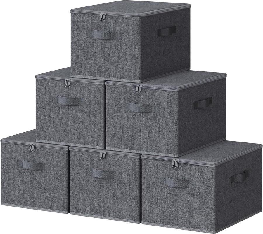 Opvouwbare stoffen opbergdoos set van 6 voor kleding 40 x 30 x 25 cm leigrijs met deksel