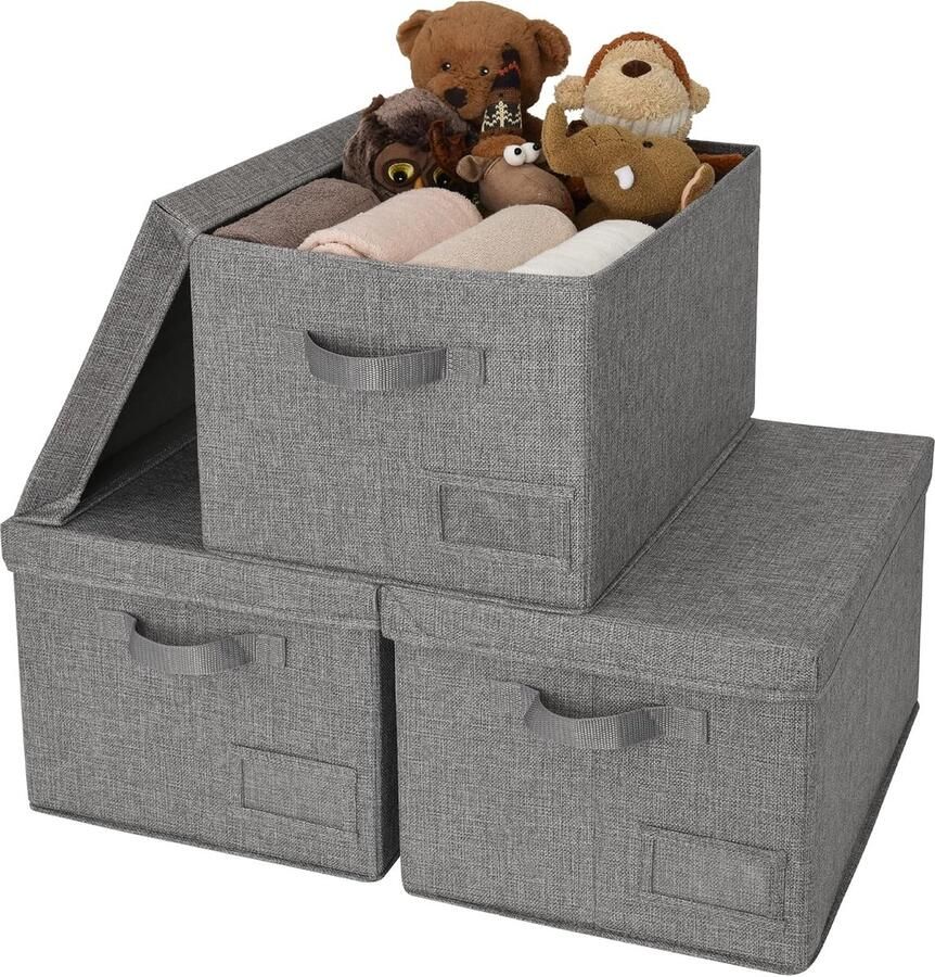 Opvouwbare Stoffen Opbergdozen met Deksel voor Kledingkast en Meer Set van 3 Stuks in Donkergrijs