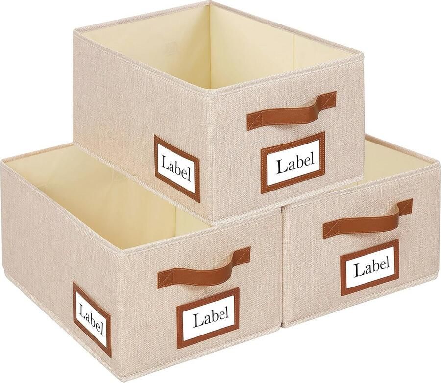 Opvouwbare Stoffen Opbergdozen Set van 3 Beige Organizer met Handvat voor Kledingkast en Huishoudelijke Items
