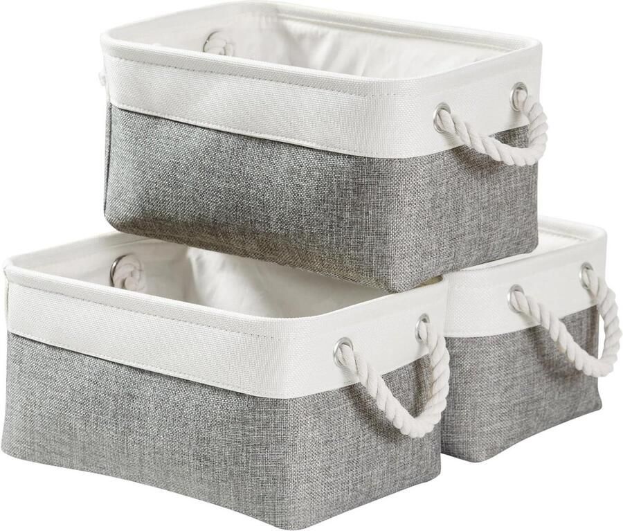 Opvouwbare stoffen opbergdozen set van 3 met handgrepen voor kasten en planken (klein grijs wit)