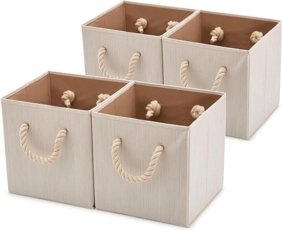 Opvouwbare Stoffen Opslag Opbergdoos met Katoenen Touw Handvatten Set van 4 Voor Planken Kast en Meer 267 x 267 x 28 cm Beige