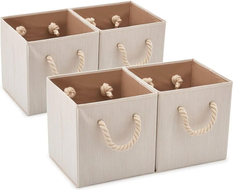 Opvouwbare Stoffen Opslagdozen Set van 4 Beige Organizers met Katoenen Handvatten voor Kasten Planken en Meer