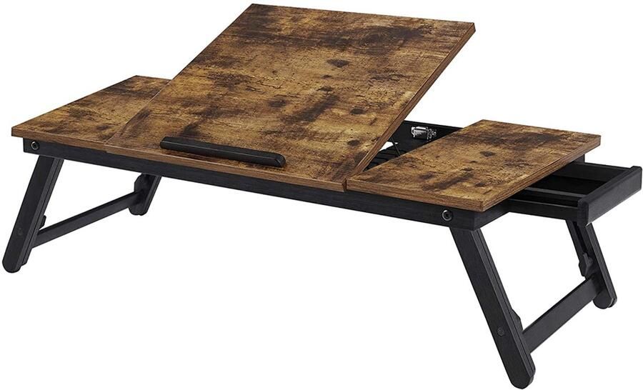 Opvouwbare tafel Eenvoudige computertafel Ontbijttafel voor op bed Middenblad verstelbaar in hoek 1 klein opbergla aan de zijkant In hoogte verstelbare opvouwbare poten 71 x 35 x 23 cm Bruin + Zwart