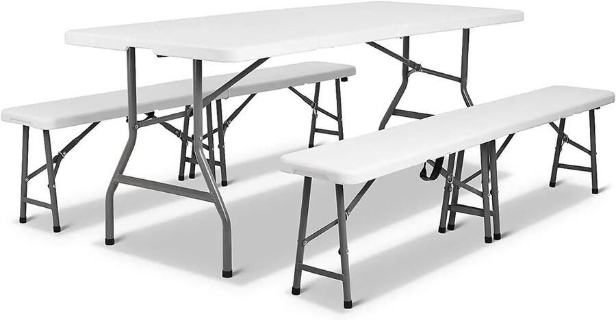 Opvouwbare tafel Klaptafel Set Inklapbare Campingtafel – Picknicktafel – met 2 Banken – voor 8 Personen – Kunststof & Staal – Draagbaar met Handgreep – voor Binnen Buiten – 180 cm Wit Bad Zwarte poten