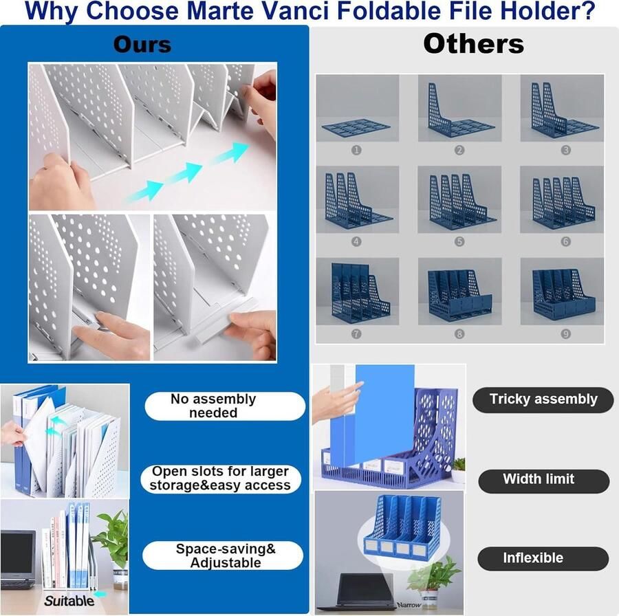 Opvouwbare tijdschriftenhouder met 4 compartimenten bureaubladenmap organizer verstelbaar voor bureau boekenplank kastrekken grijs