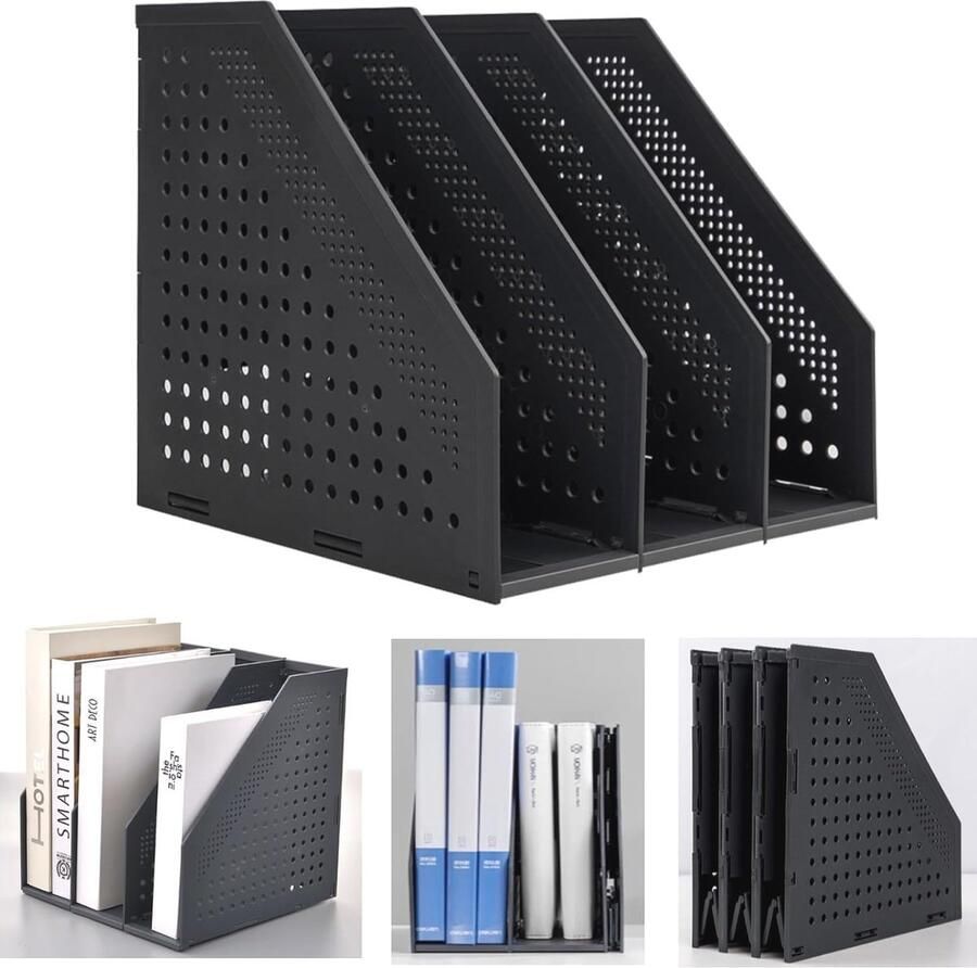 Opvouwbare Tijdschriftenhouder voor Bureau Organizer met 3 Compartimenten Verstelbare Documenthouder in Zwart