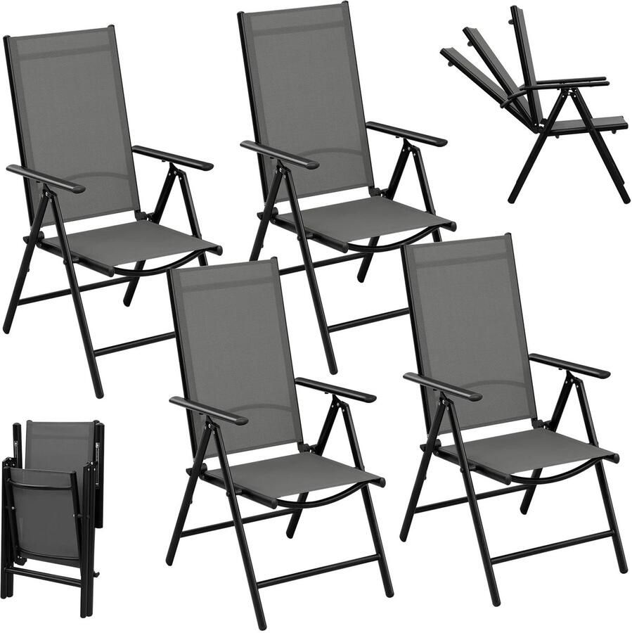 Opvouwbare Tuinstoelen Set van 4 – Inklapbare Stoelen met 7 Standen – Verstelbare Buitenkstoelen – Zwart – 150 kg Draagvermogen – 48x67x84 cm