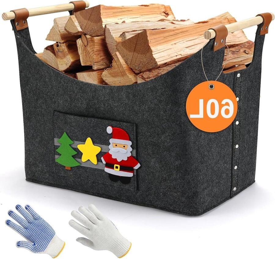 Opvouwbare vilten mand met houten handgrepen Dubbele leren versterking Voor haardhout speelgoed boeken en kleding