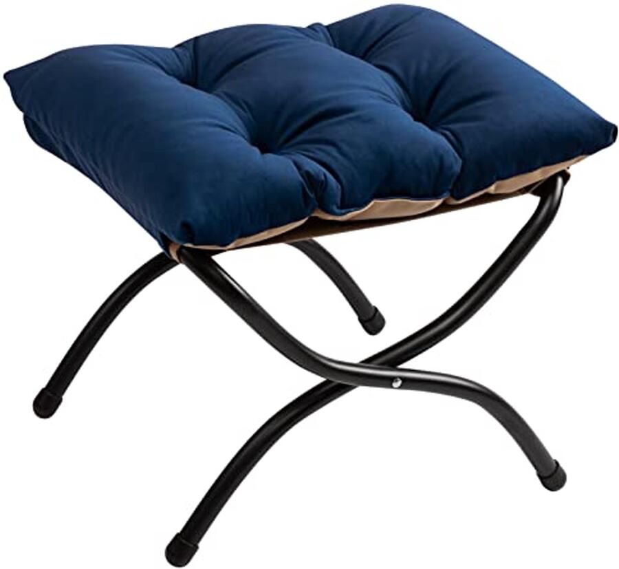 Opvouwbare Voetenbank met Metalen Poten Donkerblauwe Fluwelen Ottomaanse Kruk (47cm x 36cm x 36cm)